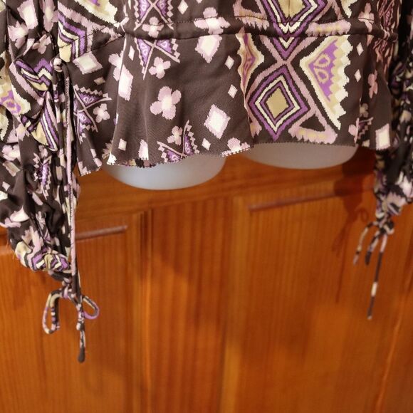 Tory Burch Size 12 Vintage 90s Purple Brown Patchwork Ruched Sleeve Silk - Picture 7 of 11